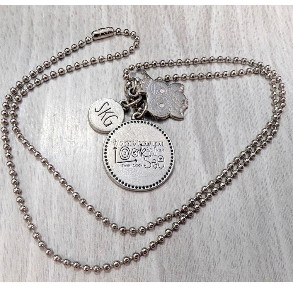 SKG Owl Inspirational Message DogTag Ball Chain Necklace 24" Silver Tone Charms